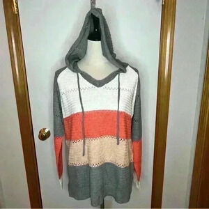 Crocheted Hooded Pullover Sweater Women Med/large Stripe Long Sleeve Cozy Casual